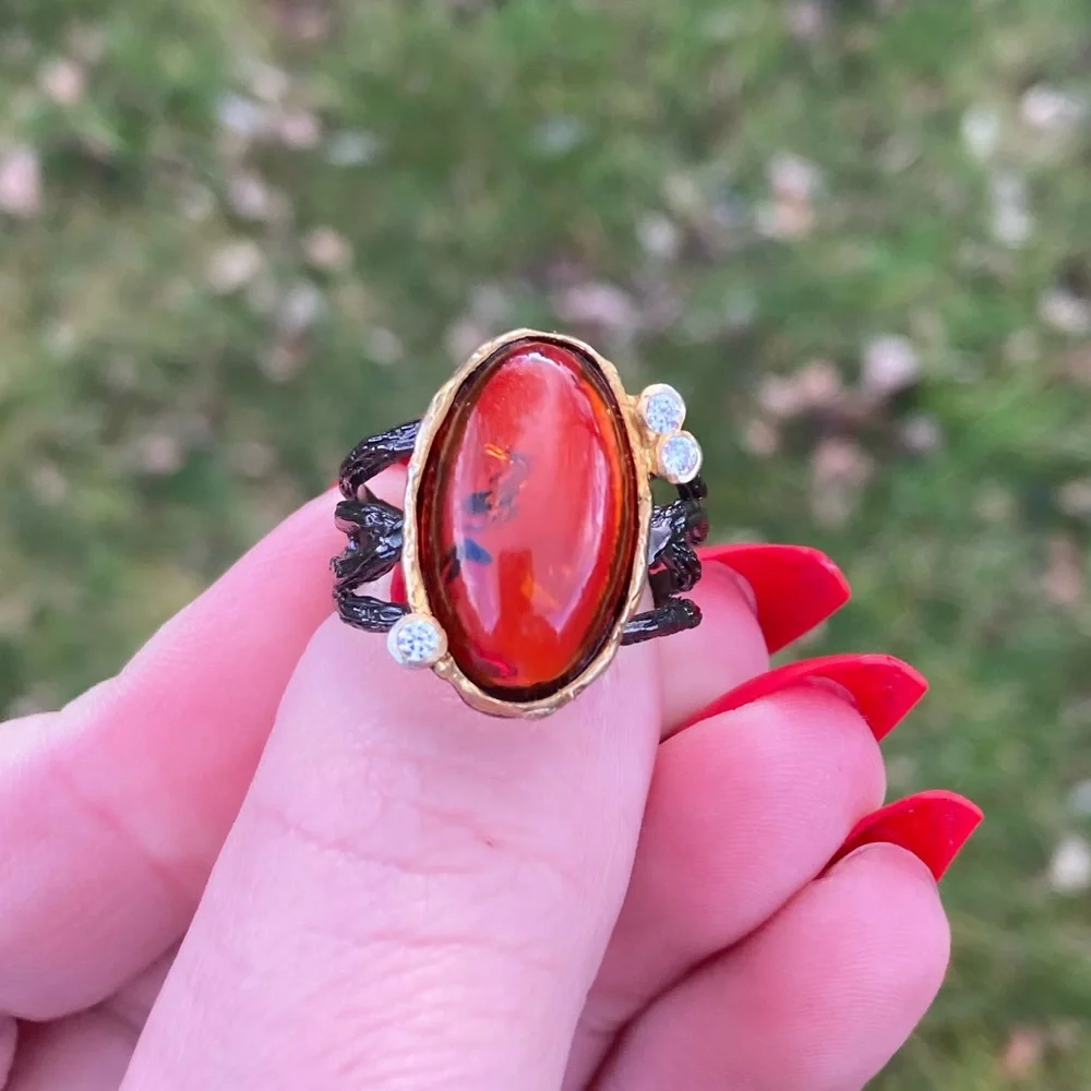 Natural Oval Amber Gemstone Ring Sz 7.75 Silver with Black Rhodium Gold - Picture 1 of 8